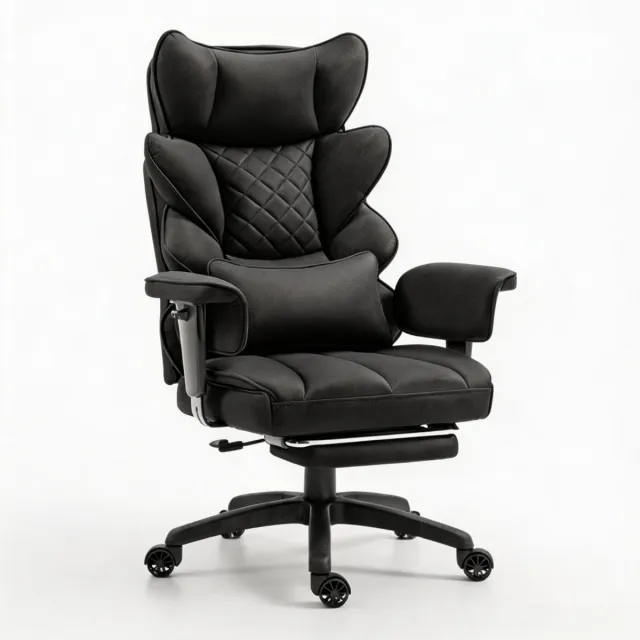 MUVANO Gamingstoel -Ergonomische gamingstoel -zwart PU met pocketvering zitkussen - dubbele rugleuning - verstelbaar lendenkussen - armleuningen en uitschuifbare voetsteun voor thuis en kantoor "