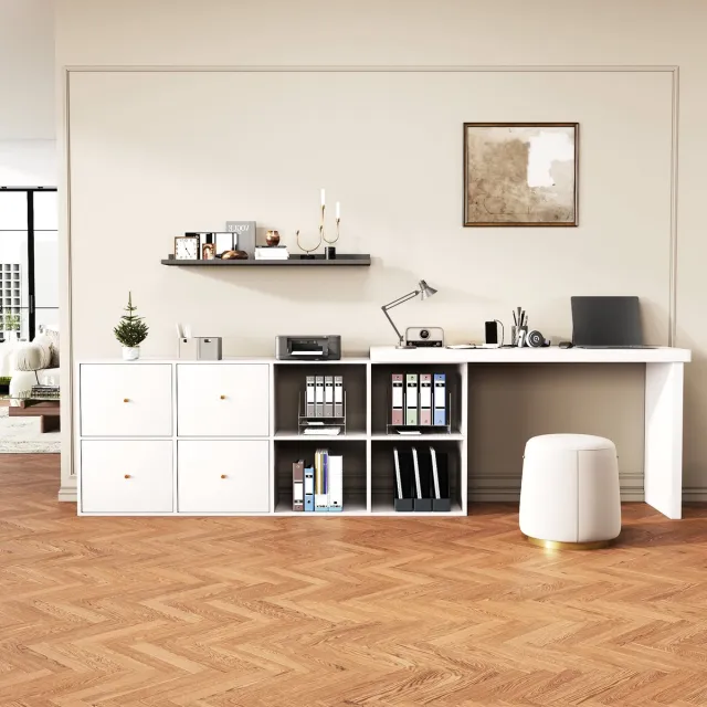 Wishdor Hoekbureau 360° draaibaar - L-vormig of recht - 4 laden en 4 vakken - Modern ontwerp - Kantoor homeoffice jeugdkamer - MDF - Wit - 140 x 48 x 78 cm