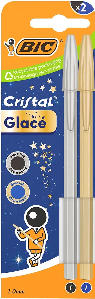 Bic balpen Cristal Glacé, blister met 2 stuks (goud en zilver) blauw