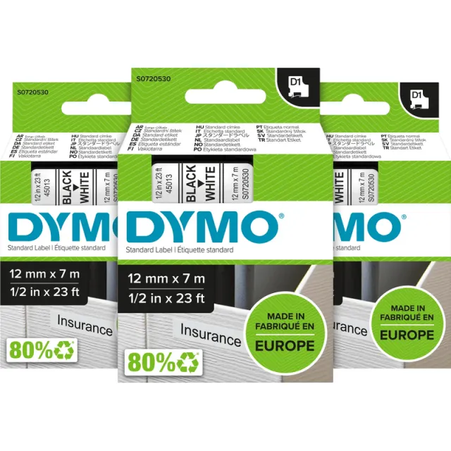 Dymo D1 12mm x 7m Zwart Wit Labels 3-pack