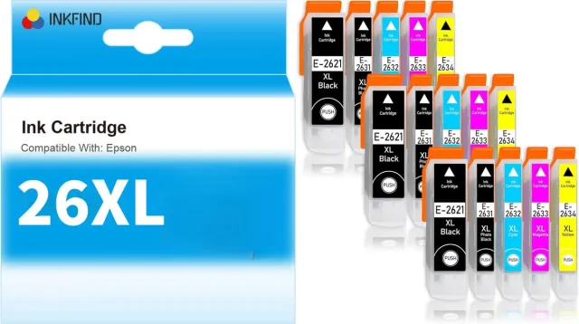 INKFIND 26XL inktcartridge 15 Pack (Zwart*3+Foto Zwart*3+Cyaan*3+Magenta*3+Geel*3) compatibel met Epson T2621/T2631/T2632/T2633/T2634 voor Epson Expression Premium XP 820 810 800 720 710 700 625 620 615 610 605 600 520 510 -15-pack Zwart x 3, Foto Zwart x 3, Cyaan x 3, Magenta x 3, Geel x 3