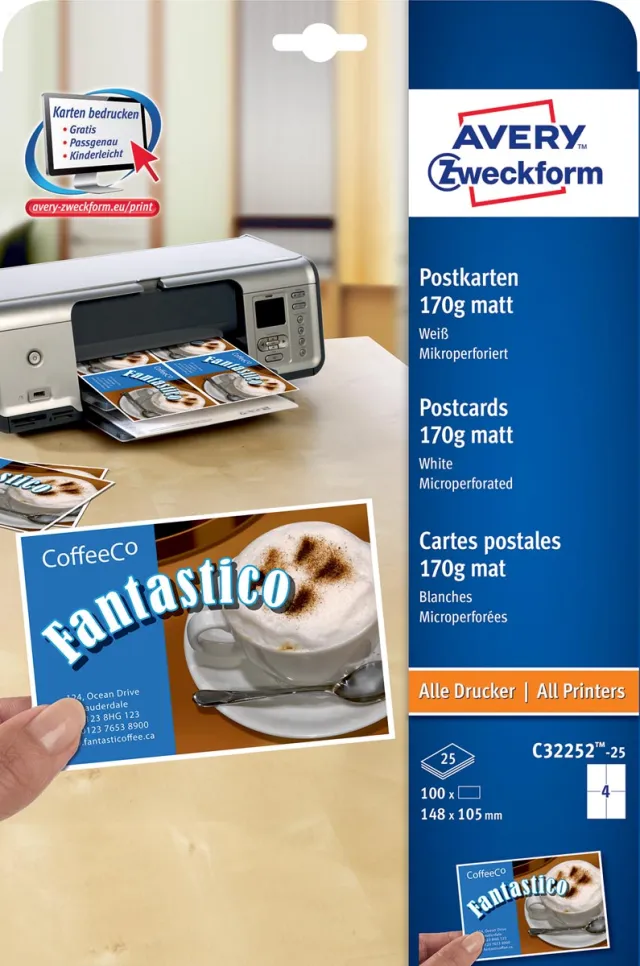 Avery Zweckform Avery briefkaart, 170 g/m², 4 per blad, 100 stuks