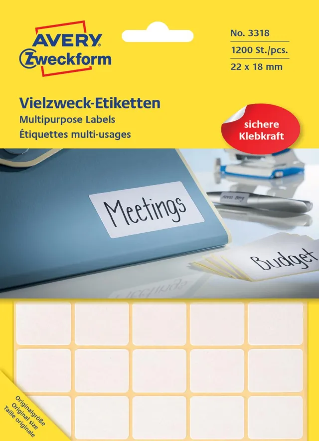 Avery Zweckform 3318 mini etiketten ft 22 x 18 mm (b x h), 1.200 etiketten, wit