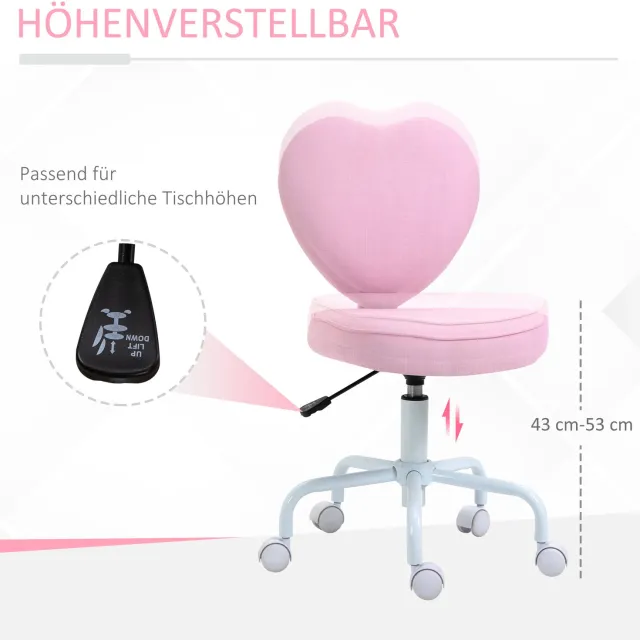 Homona Kinderbureaustoel - Met hartvormige rugleuning - In hoogte verstelbaar - 42 x 50 x 79-89 cm - Roze