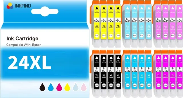 INKFIND 24XL inktcartridge 24 Pack (Zwart*4+Cyaan*4+Magenta*4+Geel*4+Licht Cyaan*4+Licht Magenta*4) compatibel met Epson T2431/T2432/T2433/T2434/T2435/T2436 voor Epson Expression XP-55 XP-750 XP-760 XP-850 XP-860 XP-950 XP-960 XP-970-24-pack Zwart x 4, Cyaan x 4, Magenta x 4, Geel x 4, Licht Cyaan x 4, Licht Magenta x 4
