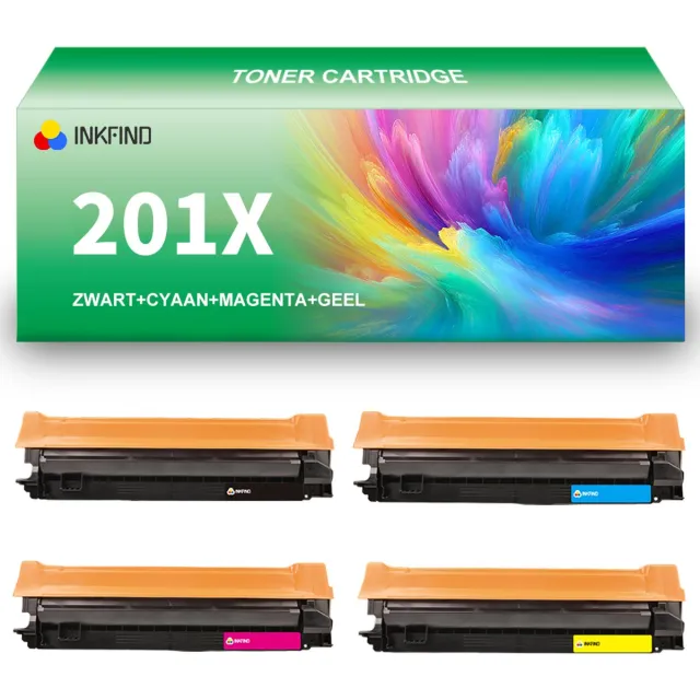 INKFIND 201XU (CF400X-CF401X-CF402X-CF403X) tonercartridge multipack van 4 stuks (Zwart+Cyaan+Magenta+Geel) compatibel met HP 201X CF400X CF401X CF402X CF403X CF400A CF401A CF402A CF403A en Canon Cartridge 045HBK 045HC 045HM 045HY - 4-pack (BK/C/M/Y) Zwart/Cyaan/Magenta/Geel