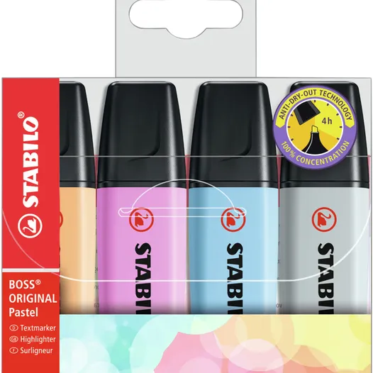 Stabilo Markeerstift STABILO BOSS Original 70/4 pastel incl grijs assorti etui à 4 stuks