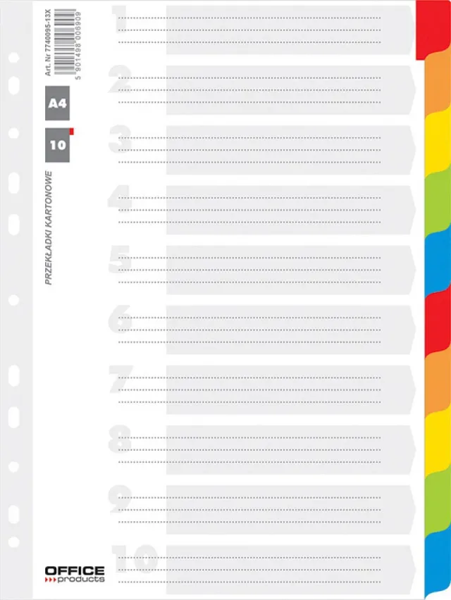 Office Products tabbladen, A4, karton, 11-gaatsperforatie, geassorteerde kleuren, 10 tabs