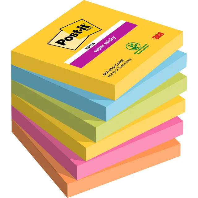 Post-It Memoblok Post-it 654 Super Sticky 76x76mm Carnival 6 stuks
