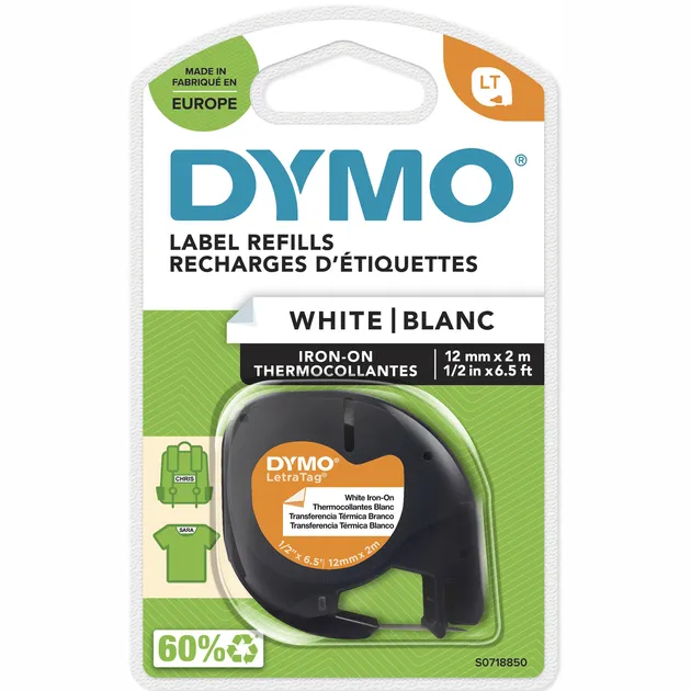 Labeltape dymo letratag strijkbaar 12mm zwart op Wit