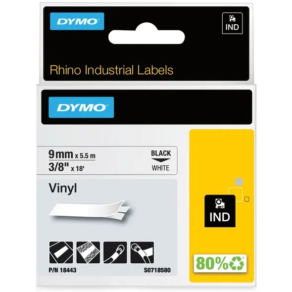 Dymo Labeltape Dymo Rhino industrieel vinyl 9mm zwart op wit
