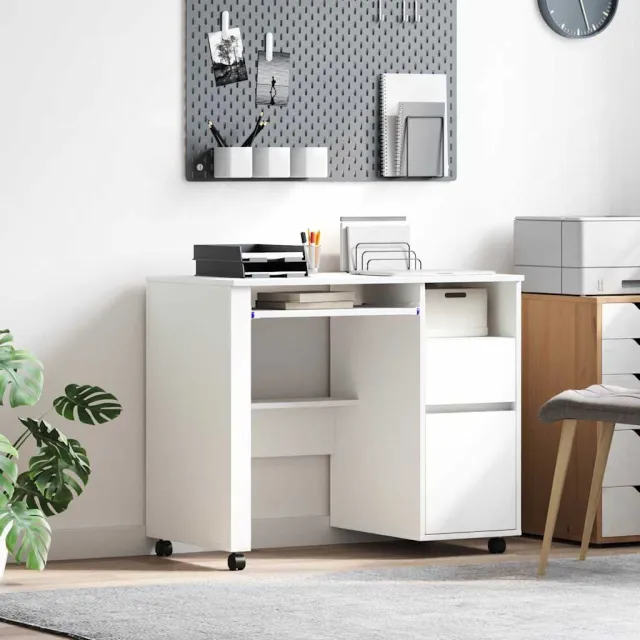 vidaXL Bureau met Wielen Wit 91 x 50 x 77 cm Bewerkt hout, foto 2