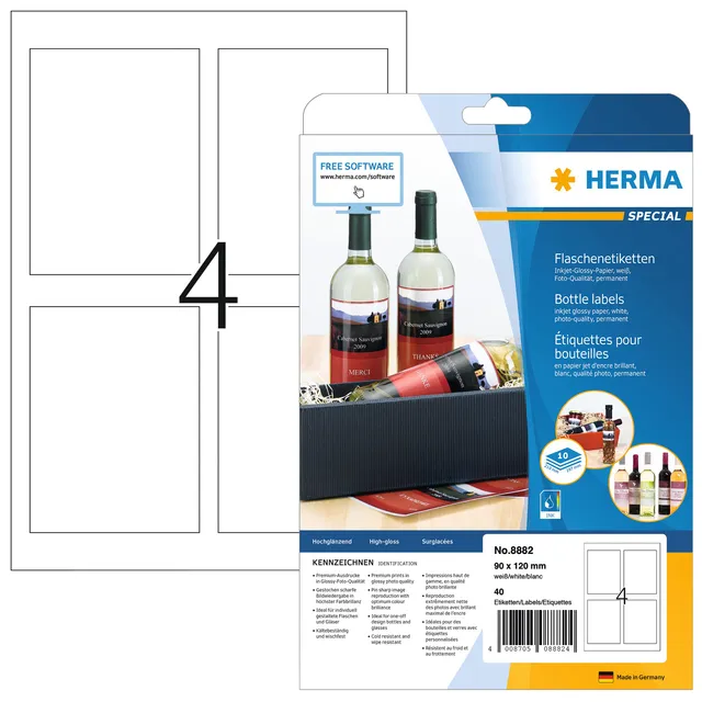 Herma Etiket HERMA flessen 8882 90x120mm A4 glossy wit 40 stuks