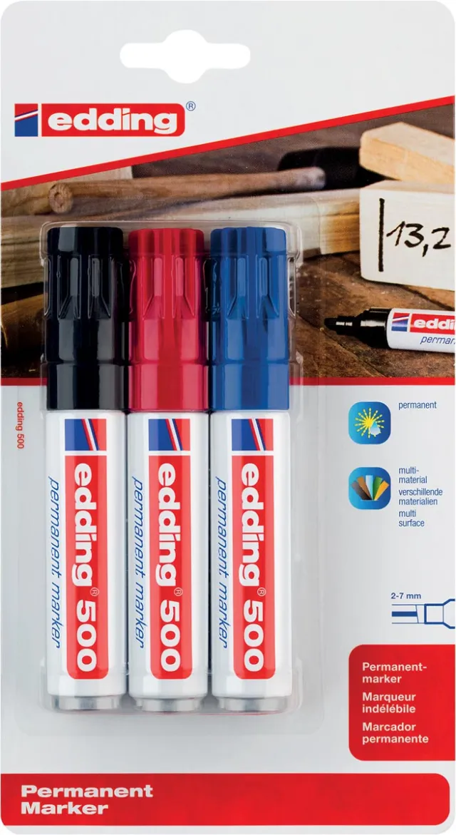 Edding permanente marker e-500 geassorteerde kleuren, blister van 3 stuks blauw