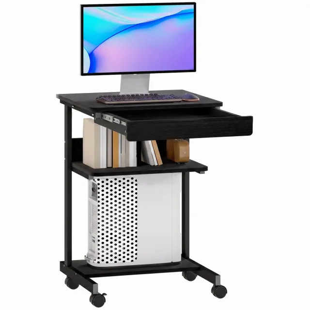 Homcom Computerbureau op Wielen - Bureau - Verrijdbaar Bureautafel met Lade - Zwart