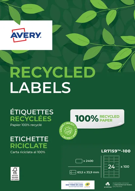 Avery Etiket Avery LR7159-100 63.5x33.9mm recycled wit 2400 stuks