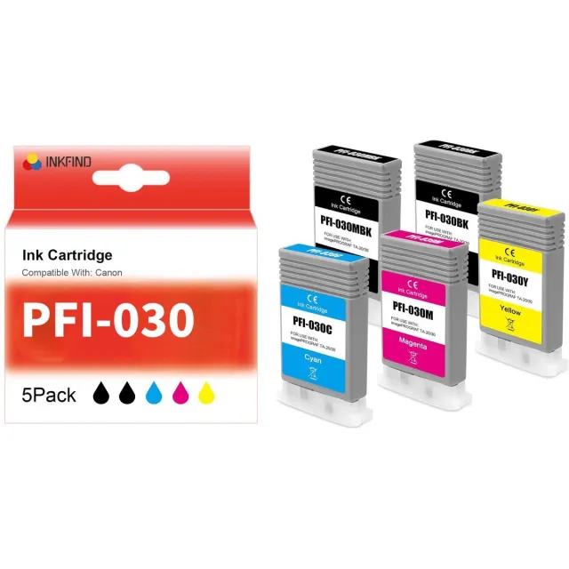 INKFIND PFI-030 Inktcartridge compatibel met Canon PFI-030 - 5-pack ( wart*2 en Kleur*3) geschikt voor Canon ImagePrograf TA-20 Canon ImagePrograf TA-30 5 Kleur Multi Pack