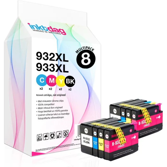 inktdag inktcartridges voor HP 932XL /933XL,HP 932/933 inktcartridge multipack van 8 kleuren (2*BK, C, M en Y) voor HP OfficeJet 6100, 6600, 6700, 7110, 7610, 7612, 8620 Zwart x 2（40ml)
