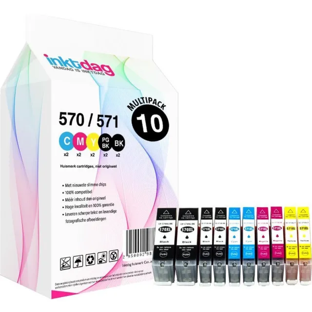 inktdag inktcartridges voor Canon PGI-570XL / CLI-571XL, Canon 570/571 cartridge van 10 stuks voor Pixma MG5700, MG5750, MG5751, MG5752, MG5753, MG6800, MG6850, MG6851, MG6852, MG6853, MG7750, MG7751, TS5050, TS5051, TS5053, TS5055, TS6050, TS8050 zwart x 2