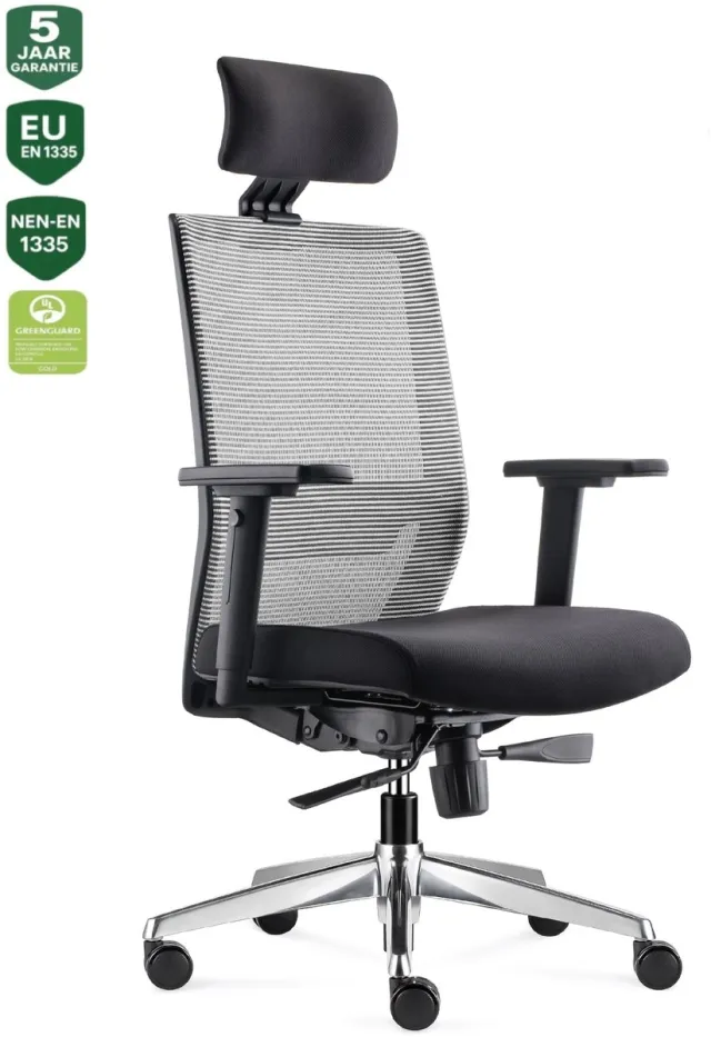 Bens 850H-Ergo-3 Wit - Ergonomische Bureaustoel - Bureaustoel voor volwassenen - Kantoorstoel - GREENGUARD GOLD - NEN-EN1335 & ARBO normen Wit/Aluminium incl. hoofdsteun