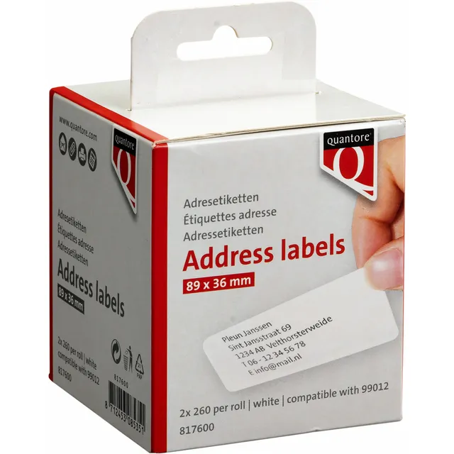 Quantore Labeletiket Quantore 99012 36x89mm adres wit 2 rollen