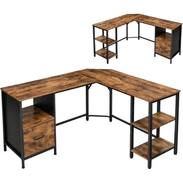 BEGRYF Hoekbureau - rustiek bruin - met lade en planken - 149x149x74,5 cm Rustiek bruin / zwart