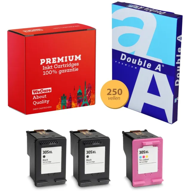 WeCare 3-pack Geschikt voor HP 305XL Inktcartridges + pak papier - Geschikt voor Deskjet 2710 - Envy 6010 - 6020 - 6030 - Envy Pro 6430 Multipack 2x Zwart + 1x Kleur