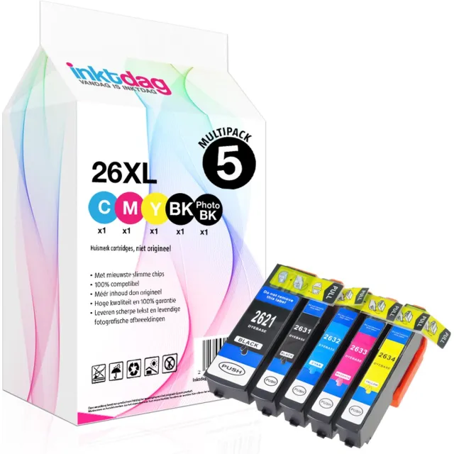 inktdag inktcartridges voor Epson 26XL, multipack van 5 kleuren voor Epson Expression Premium XP510, XP520, XP600, XP605, XP610, XP615, XP620, XP625, XP700, XP710, XP720, XP800, XP810, XP820 zwart x 1 ( Epson T2621)