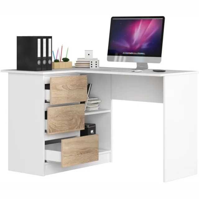 Akord Hoekbureau Links B16 / Computerbureau / Computer Tafel / Bureautafel Rechts / Wit - Sonoma Eik / 124 x 77 x 85 cm