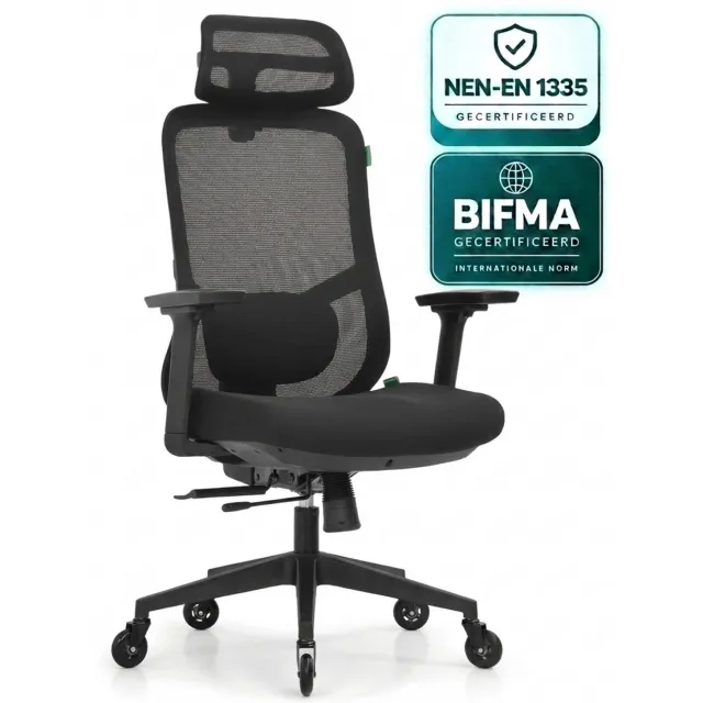 OfficeSense OS230 Ergonomische Bureaustoel - Verstelbare Rugleuning - 3D Armleuningen - Schuifzitting - Lendensteun - 125° Kantelbaar - 150 kg - Zwart