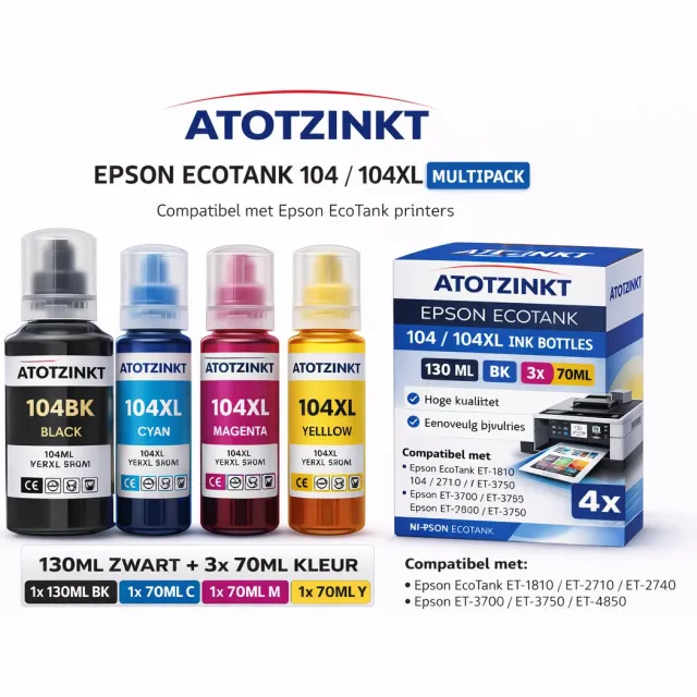 AtotZinkt Epson Eco tank 101, 102, 103 104, 104XL T104 104BK 104Y 104M 104C Huismerk BK/C/M/Y