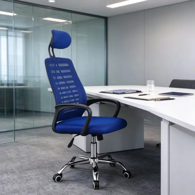 learnlogic In hoogte verstelbare bureaustoel met zwenkwielen en hoofdsteun blauw afmetingen 47x47x116 cm ergonomisch ontworpen voor langdurig zitten en ter voorkoming van rugklachten.