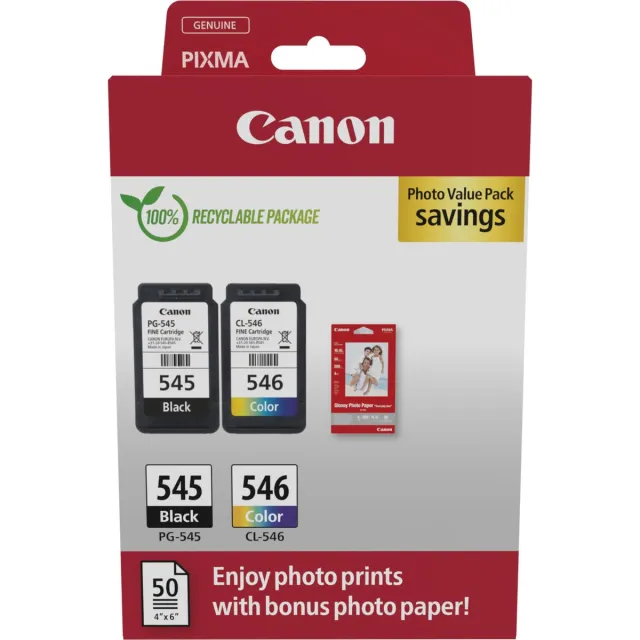 Canon PG-545 + CL-546 - Inktcartridge - Standaard capaciteit - 50 sheets fotopapier - Zwart + Kleur + Retourzakje
