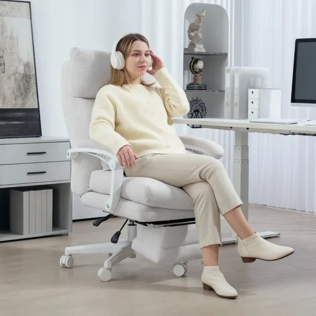 DESMIU Bureaustoel 68 x 70 x 122 cm - Ergonomisch Met Hoge Rugleuning, Lendensteun En Voetsteun - Voor Kantoor En Thuiswerk - Linnenlook Crèmewit Cream White