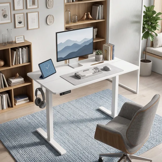 MUVANO Wit elektrisch zit-stabureau 120 x 60 cm - Drie geheugenstanden - Botsbeveiliging - Hoogte 72-118 cm - Afwisselend zitten en staan - Thuiswerken en kantoor