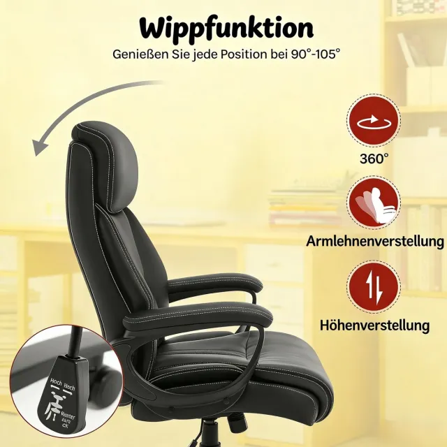 OKWISH Bureaustoel – Ergonomisch Voor Grote En Zware Gebruikers – Met Verstelbare Hoofdsteun En Lendensteun – Voor Kantoor En Thuiswerk – Metaal En Kunstleer – Zwart