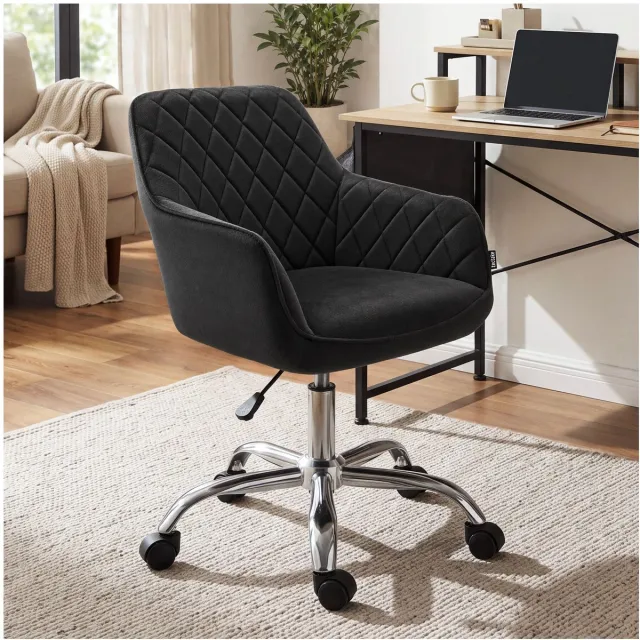 Tectake Bureaustoel - 360° Draaibaar - Gestoffeerde Eetkamerstoel op Wieltjes - Fluwelen Bekleding - In Hoogte Verstelbare Draaifauteuil - Ergonomische Draaistoel met Armleuningen - Eetkamerstoel met Wielen - Zwart