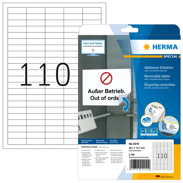 Herma Etiket HERMA 4210 38.1x12.7mm verwijderbaar wit 2750 stuks