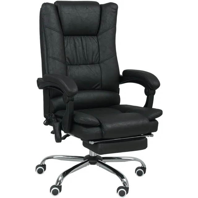 Vinona Bureaustoel met massagefunctie - Met 4 vibratiepunten en lendenverwarming - In hoogte verstelbaar - Rugleuning verstelbaar tot 135° - Met voetensteun - Microvezel - 64 x 70 x 110-118 cm - Zwart