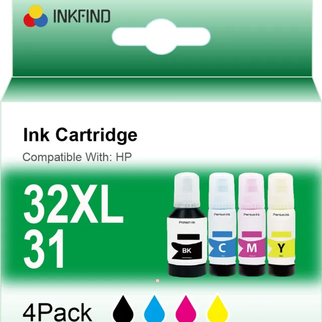 INKFIND 32XL 31 inkt geschikt voor HP32XL HP 32XL HP31 HP 31 1VV24AE 1VU26AE 1VU27AE 1VU28AE 4-kleur multipack voor HP Smart tank 5106 HP Smart tank 7005 HP Smart tank 7300 7600 HP Smart tank Plus 500 HP Smart tank Plus 655 HP Smart tank Wireless 455 1 x Zwart 90ml, 1 x Cyaan 70ml, 1 x Magenta 70ml, 1 x Geel 70ml