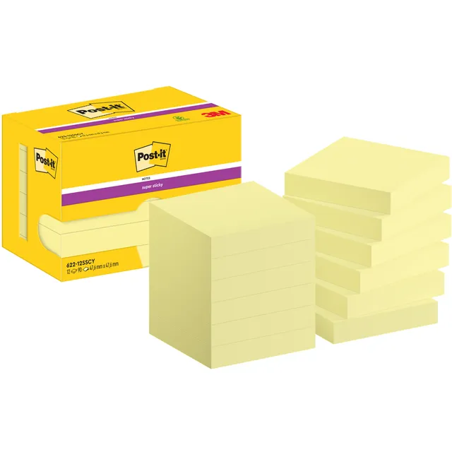 Post-It Memoblok Post-it 622 Super Sticky 47,6x47,6mm geel 12 stuks