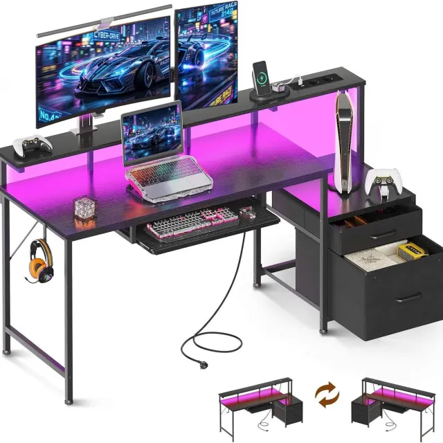Gudalio Bureau - Computertafel - Computerbureau - LED - Stopcontact USB - Monitorstandaard - Lades - Bergruimte - 140×48 cm - Zwart