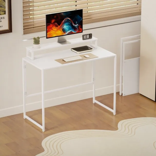 FloraGrace Bureau - Klapbare Computertafel Met Monitorstandaard - Ruimtebesparend Voor Werkkamer En Studie - Hout En Metaal - Wit - 100x48x87,5 Cm