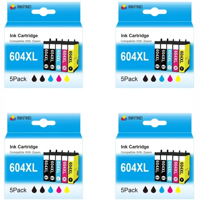 INKFIND 604XL voor Epson 604XL Epson 604 Epson604 Epson604XL inktcartridges multipack van 20 stuks (4 x 5pack= 8 x Zwart, 4 x Cyaan, 4 x Magenta, 4 x Geel) voor Epson Expression Home XP-2200/2205/3200/3205/4200/4205 Workforce WF-2910/2930/2935/2950 Zwart x 8, CYAAN x 4, MAGENTA x 4, GEEL x 4