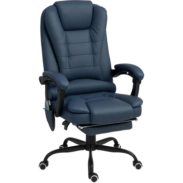 Vinona Bureaustoel met massagefunctie - Met 7 vibratiepunten - In hoogte verstelbaar - Rugleuning verstelbaar tot 155° - Met voetensteun en lendenkussen - 67 x 67 x 111-121 cm - Blauw