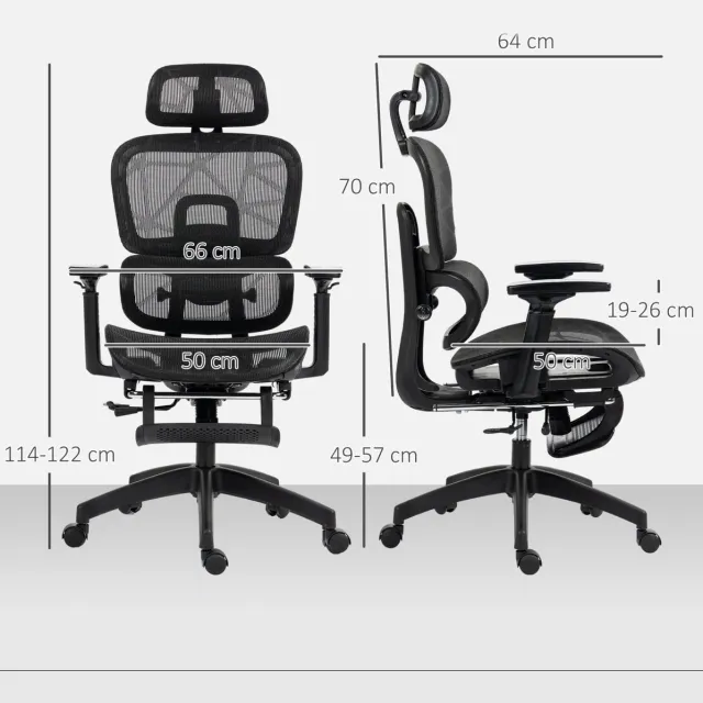 COVREO Bureaustoel 66x64x122 cm zwart, mesh met hoofdsteun en voetsteun