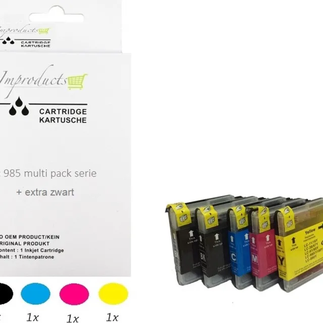 Improducts Inkt cartridges - Alternatief Brother LC985 / LC-985 / 985 5 Stuks Multicolor - Zwart (2x), Cyaan, Magenta, Geel