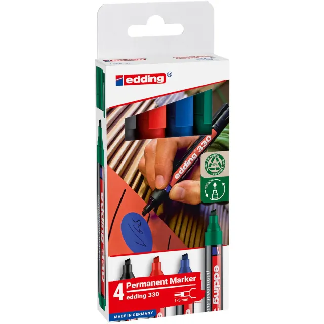 Edding permanent marker E-330, geassorteerde kleuren, blister van 4 stuks blauw