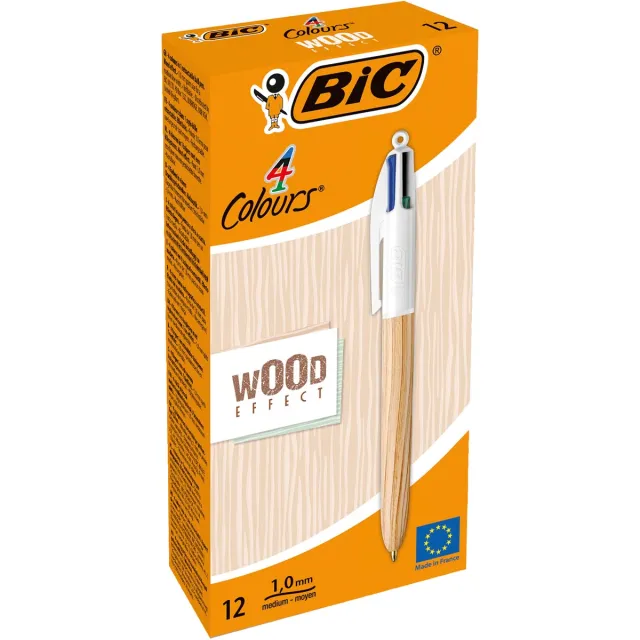 Bic Colours Wood Style, 4-kleurenbalpen, medium, klassieke inktkleuren blauw