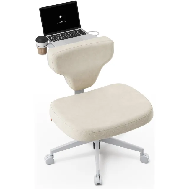 Newtral Ergonomische Bureaustoel met Inklapbaar Bureaublad & Bekerhouder - Verstelbare Thuiswerkstoel - Waterafstotend Velours -Schuimkussen - Klasse 4 Gasveer - Max. 135kg - Beige